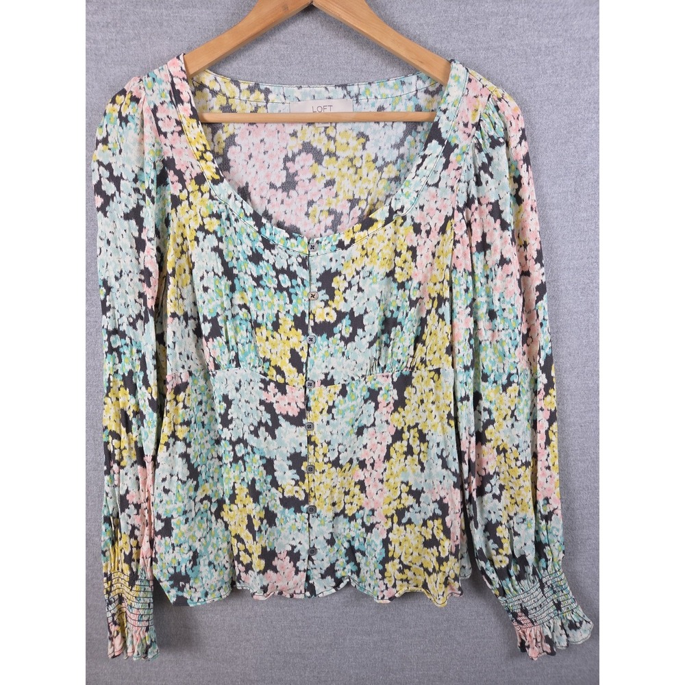 Loft Garden Smocked Cuff Peasant Blouse S Floral Cottagecore Button Up Fairy